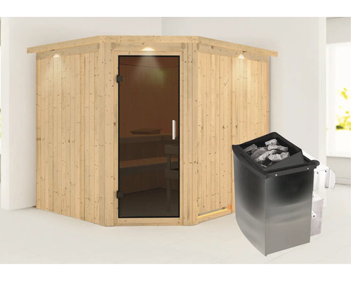Houten hoeksauna met glazen deur en saunakachel met saunastenen