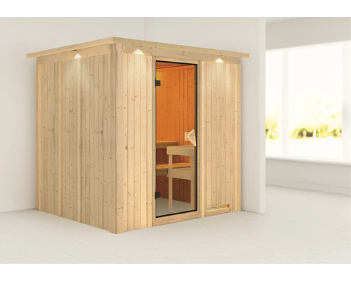 Houten sauna met glazen deur en binnenverlichting