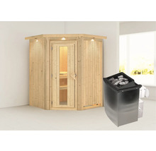 Houten hoeksauna met saunakachel