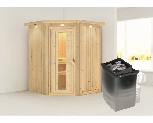 Houten hoeksauna met saunakachel