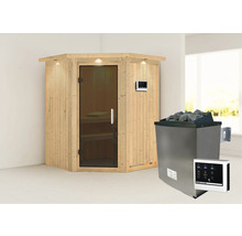 Houten sauna met glazen deur, saunakachel met stenen en bediening