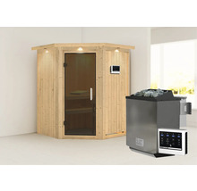 Houten sauna met glazen deur en saunakachel met stenen