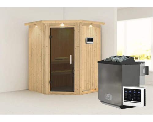 Houten sauna met glazen deur en saunakachel met stenen