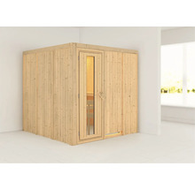 Houten sauna met glazen deur in een lichte ruimte