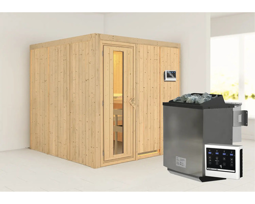 Houten sauna met saunakachel en bediening