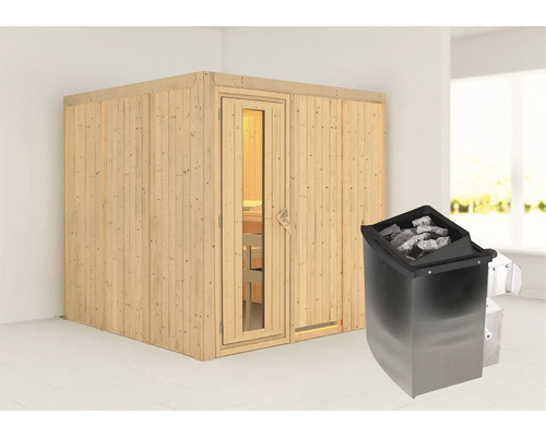 Finse sauna met saunakachel in lichte ruimte