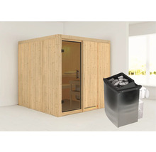 Houten sauna met glazen deur en saunakachel