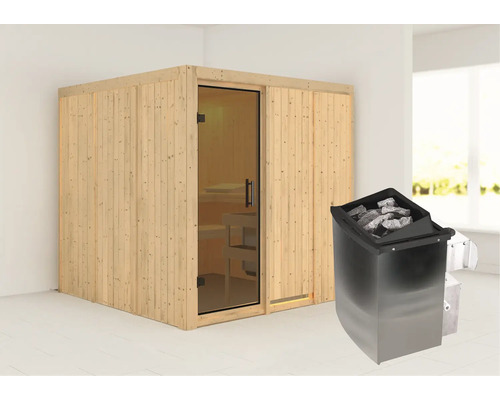 Houten sauna met glazen deur en saunakachel