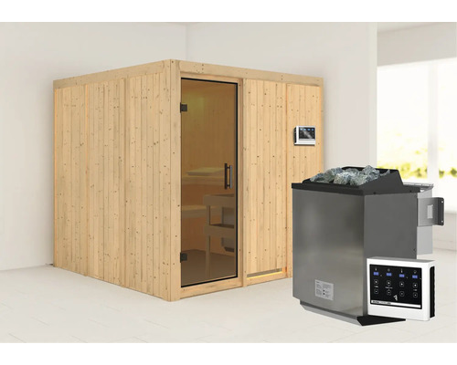 Houten sauna met glazen deur en saunakachel met stenen