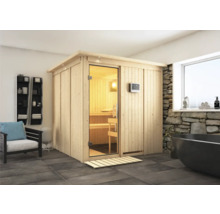 Houten sauna met bedieningselement in een lichte badkamer