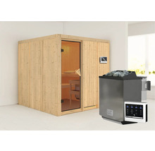Houten sauna met glazen deur en saunakachel