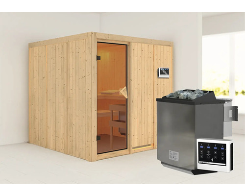 Houten sauna met glazen deur en saunakachel