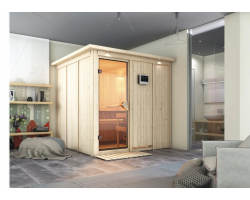 Houten sauna met glazen deur en bedieningselement in een modern ingerichte ruimte