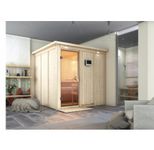 Houten sauna met glazen deur en digitaal bedieningspaneel in een modern ingerichte ruimte