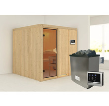 Houten sauna met glazen deur, saunakachel en bediening
