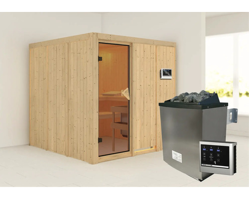 Houten sauna met glazen deur, saunakachel en bediening