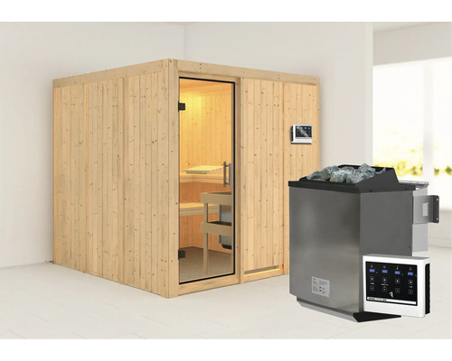 Houten sauna met saunakachel en bediening