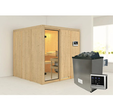 Houten sauna met glazen deur, saunakachel, saunastenen en digitale bediening voor binnenshuis
