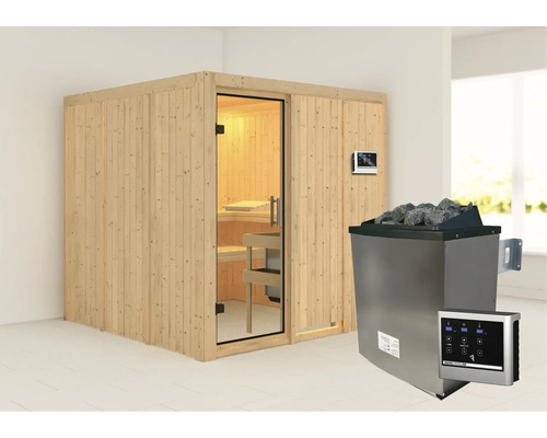 Houten sauna met glazen deur, saunakachel, saunastenen en digitale bediening voor binnenshuis