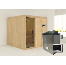 Houten sauna met glazen deur, saunakachel en bediening