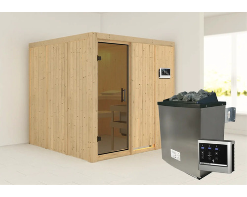 Houten sauna met glazen deur, saunakachel en bediening