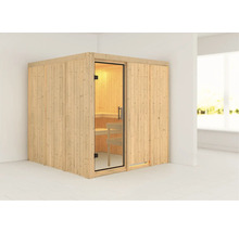 Sauna van hout met glazen deur in een heldere kamer