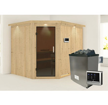 Hoeksauna van hout met glazen deur en saunakachel