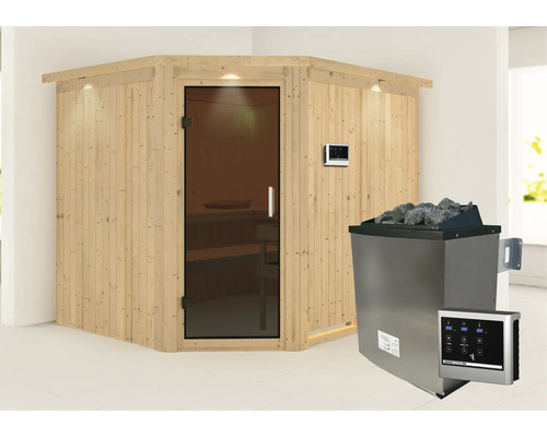 Hoeksauna van hout met glazen deur en saunakachel