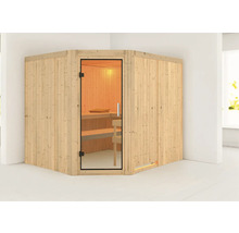 Hoeksauna met glazen deur en houten bekleding