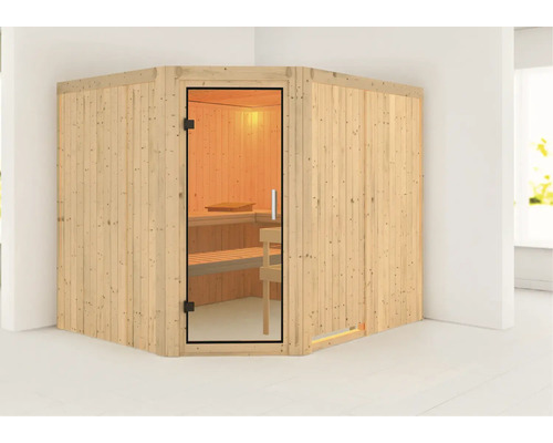 Hoeksauna met glazen deur en houten bekleding