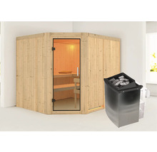 Sauna met saunakachel en glazen voorkant