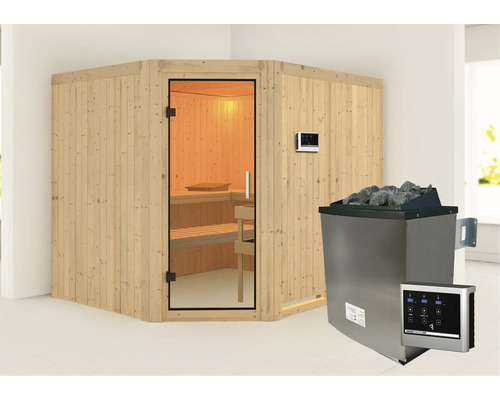 Hoeksauna met glazen deur, bediening en saunakachel