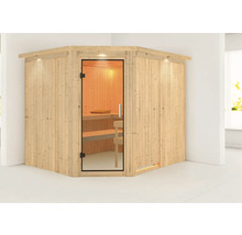 Houten hoeksauna met glazen deur en binnenverlichting.