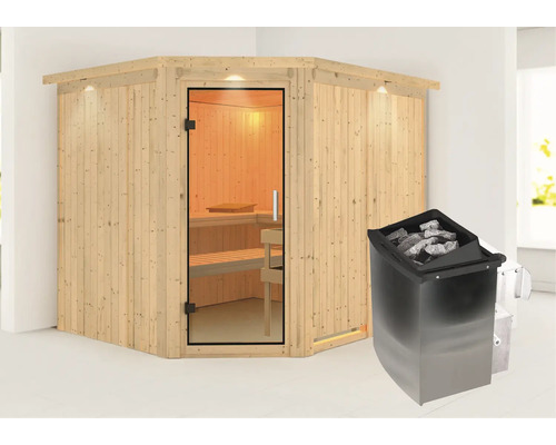 Hoeksauna met glazen deur en saunakachel met stenen