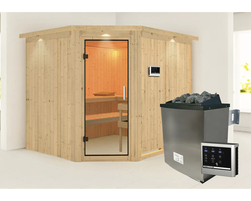 Hoeksauna met saunakachel en saunabesturing