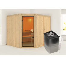 Houten hoeksauna met glazen deur en saunakachel
