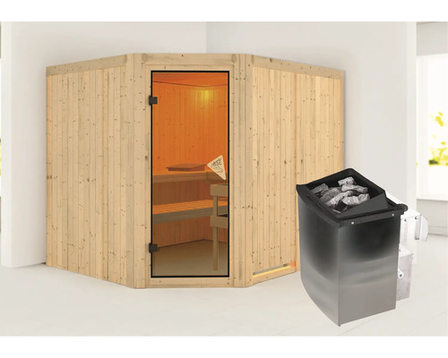 Houten hoeksauna met glazen deur en saunakachel