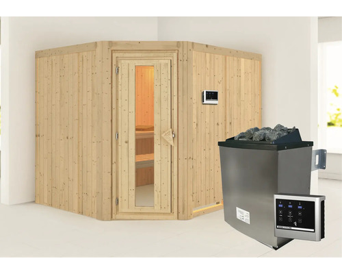 Hoeksauna met saunakachel en bediening