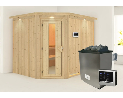 Houten hoeksauna met saunakachel en bediening