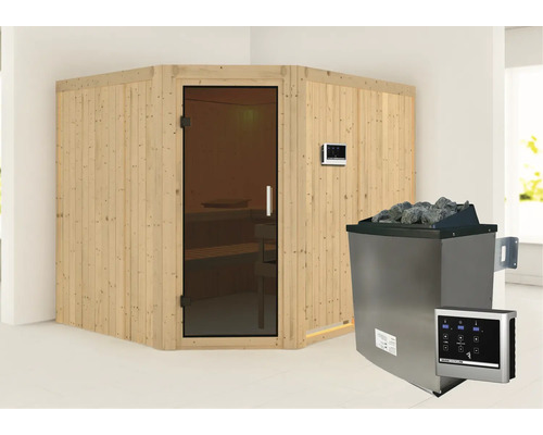 Hoeksauna met glazen deur en saunakachel