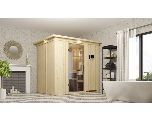 Badkamer met sauna, bad en plank
