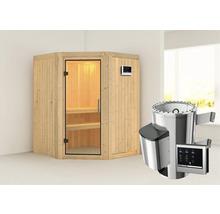 Houten sauna met glazen deur en saunakachel