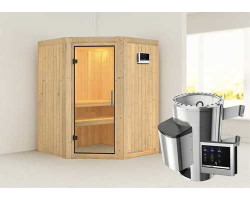 Houten sauna met glazen deur en saunakachel