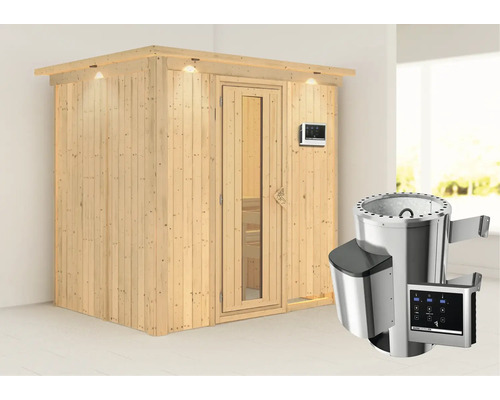 Houten sauna met kachel en bediening