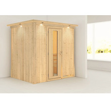 Houten sauna met glazen deur en verlichting