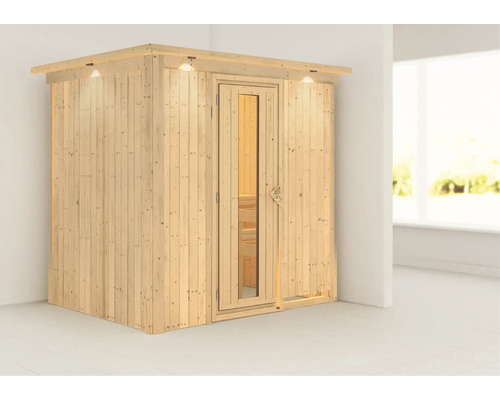 Houten sauna met glazen deur en verlichting