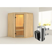 Houten sauna met glazen deur en saunakachel