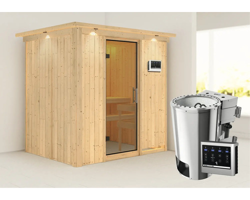 Houten sauna met kachel en bediening