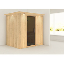 Houten sauna met glazen deur en verlichting
