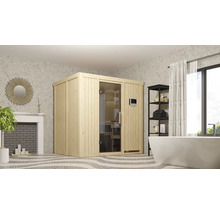 Houten sauna met glazen deur in een badkamer.